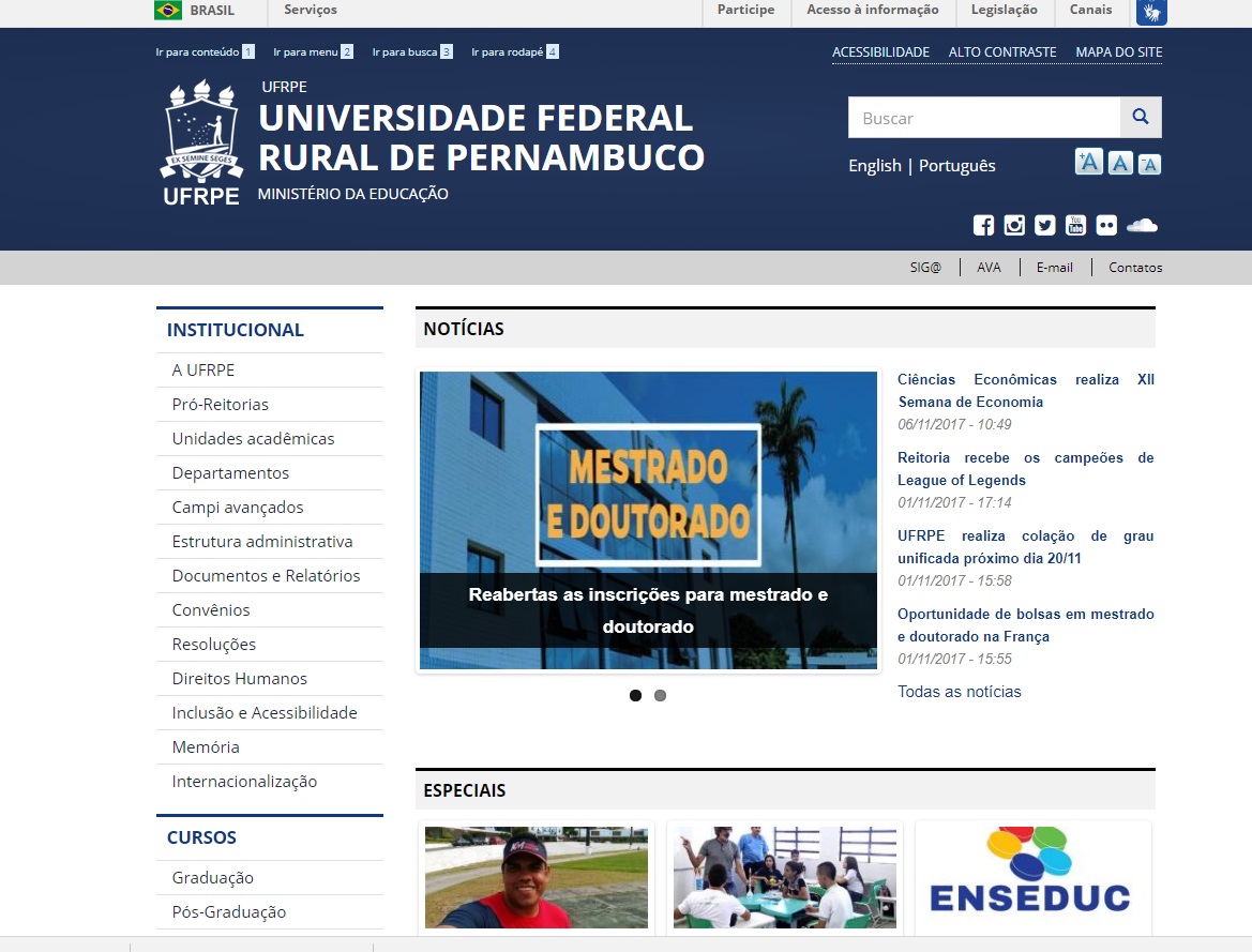 Imagem da página principal do novo portal eletrônico da UFRPE