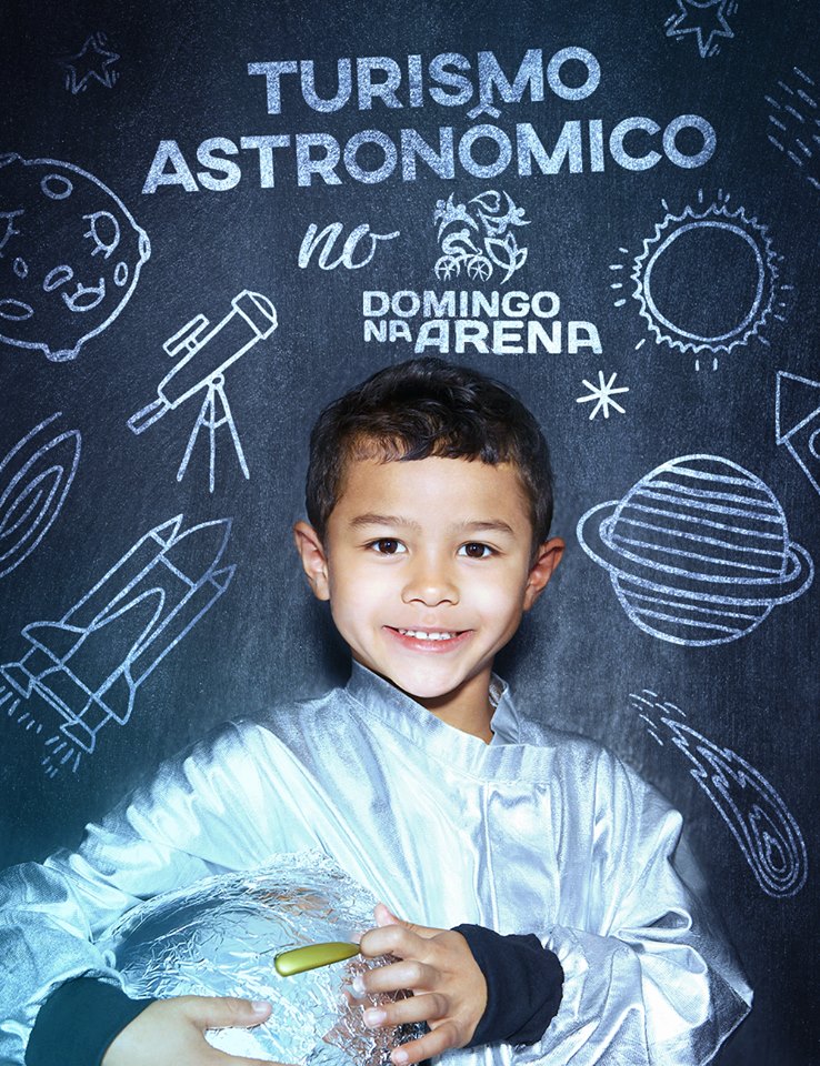 Cartaz do evento, com criança vestida de astronalta